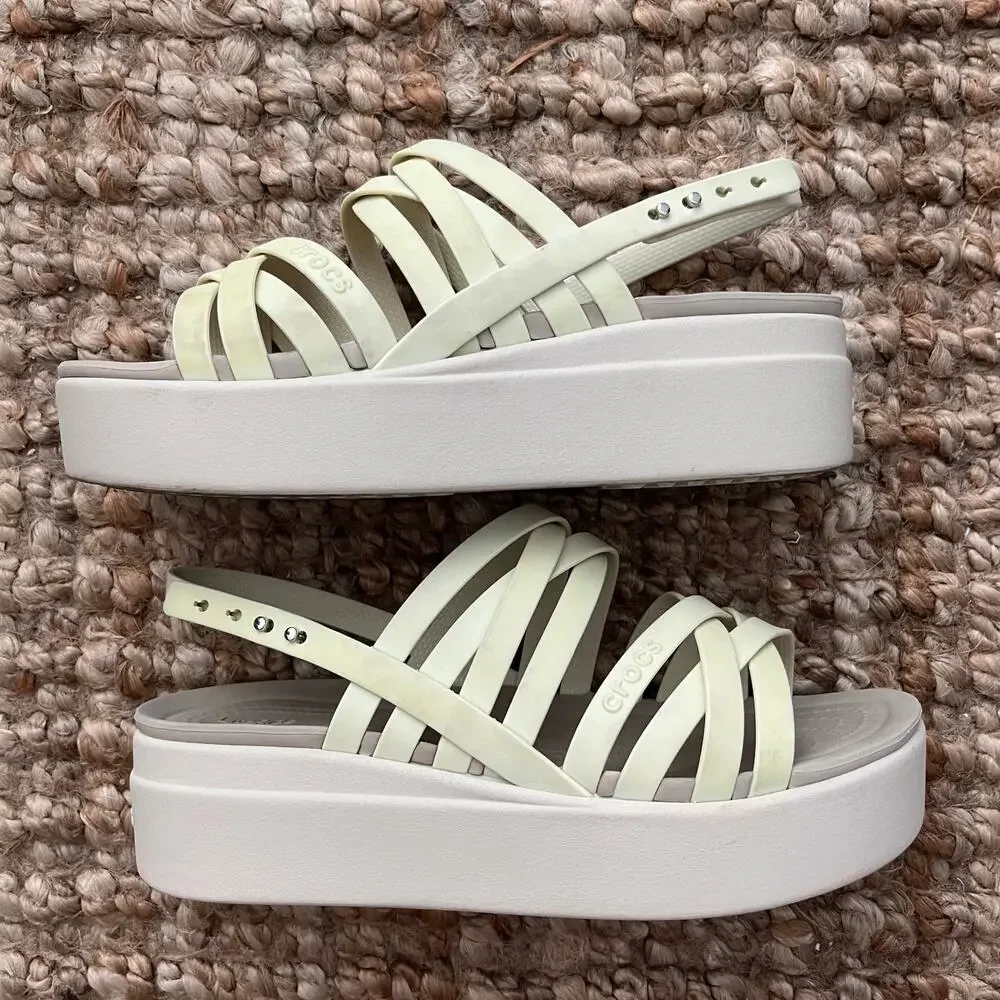 Crocs Brooklyn Strappy Low Wedge Sandals Womens 8 Cream LiteRide Platform